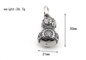 Detail view of vintage stainless steel Gourd pendant showing 30mm height and 26.7g weight