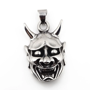 Retro stainless steel Hannya mask pendant necklace with devil horns for men
