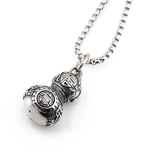 Vintage stainless steel gourd necklace with Fu and Shou characters on a box chain