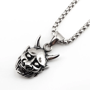 Retro stainless steel Hannya mask pendant necklace for men with vintage punk style aesthetic