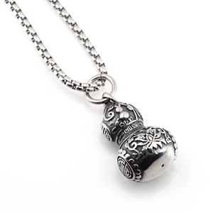 Vintage stainless steel gourd pendant necklace with Fu character and floral engraving