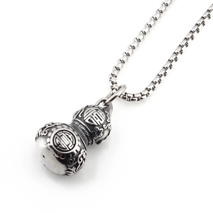 Vintage stainless steel gourd pendant necklace with Fu character on pearl chain