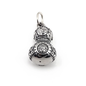 Vintage stainless steel Wu Lou pendant necklace featuring Fu and Shou carvings