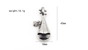 Detail of silver pipa pendant with size markings 43mm height and 18mm width