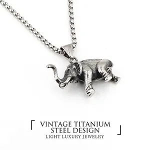 Vintage Titanium Steel Elephant Pendant Necklace Antique Silver Distressed Finish Retro Animal Jewelry For Men Women