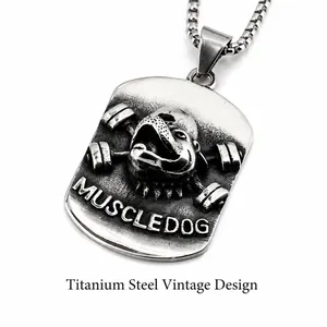 Collana con Ciondolo Targhetta Militare Muscle Dog Manubrio in Acciaio Inossidabile Uomo Gioielli Retro Fitness Sport
