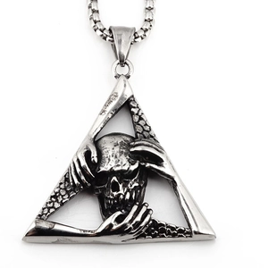 Collier pendentif crâne triangle punk gothique pour homme en acier inoxydable argent vieilli
