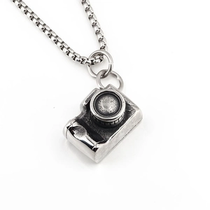 Vintage SLR camera pendant necklace in oxidized stainless steel with hip hop style chain