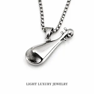 Retro Titanium Steel Pipa Musical Instrument Pendant Necklace For Men Chinese Style Classical Music Bottle Opener Jewelry
