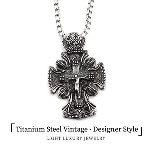 Collier Pendentif Croix de Jésus en Acier Titane Vintage Style Hip Hop Punk Vieilli pour Hommes Femmes Bijoux Gothiques Religieux
