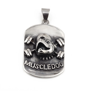 Collana vintage in acciaio con piastrina bulldog e manubri per amanti del fitness