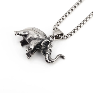 Vintage elephant pendant necklace in silver stainless steel with detailed animal textures