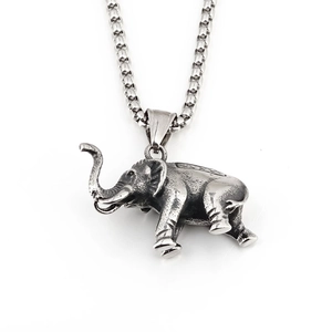 Vintage titanium steel elephant pendant necklace with detailed engravings and box chain