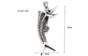 Macro detail of ancient fossil swordfish skeleton pendant with dimensions 80x30mm