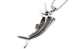Detailed view of retro silver fish bone skeleton pendant necklace with box chain