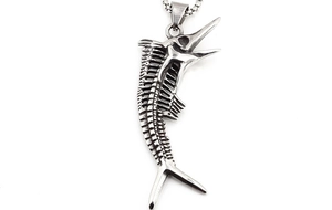 Detailed view of silver Xiphactinus fish bone skeleton pendant necklace on box chain