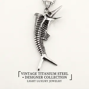 Vintage Stainless Steel Swordfish Fish Bone Skeleton Pendant Necklace Punk Streetwear Hip Hop Distressed Jewelry For Men Women