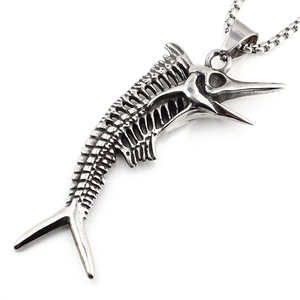 Gothic vintage swordfish skeleton pendant necklace made of antique silver steel