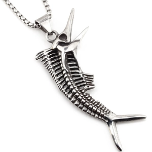 Gothic vintage silver swordfish skeleton pendant necklace with a durable box chain