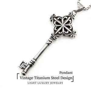 Collier Pendentif Clé en Acier Inoxydable Vintage Étoile de Croix Gothique Longue Chaîne de Pull pour Hommes Femmes Bijoux Punk Rétro