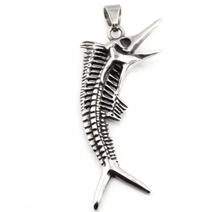 Vintage stainless steel fish skeleton pendant necklace with realistic prehistoric fossil design