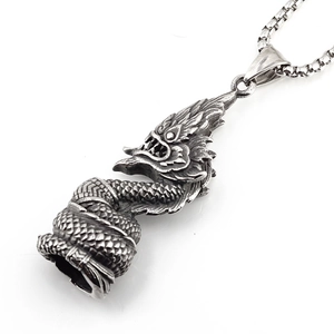 Collier Pendentif Dragon Rétro en Acier Inoxydable Hip Hop Street Bijoux Hommes Garçons Argent Vintage Tête de Dragon