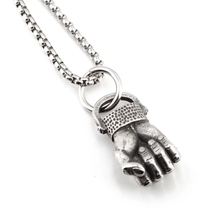 Retro titanium steel necklace with detailed vintage fist pendant and square pearl chain
