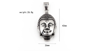 Detailed dimensions of Buddha head pendant showing 42mm height and 26.8g weight