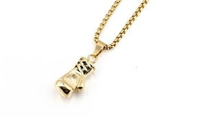 Detailed view of golden boxing glove pendant necklace with durable box chain and polished finish