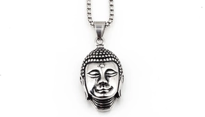 Macro detail of Buddha head pendant with vintage oxidized finish and stainless steel box chain