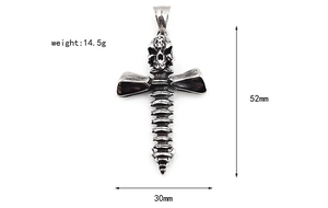 Detailed macro view of punk skull cross pendant with dimensions 52mm by 30mm