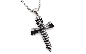 Detailed view of punk skull and spinal cross pendant on a stainless steel box chain