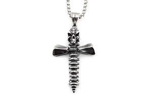 Detailed view of punk skeleton skull cross pendant in vintage silver stainless steel