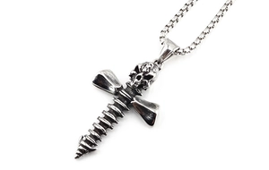 Detailed view of punk style skull cross pendant made of vintage silver stainless steel