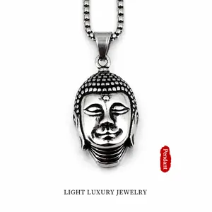 Vintage Stainless Steel Sakyamuni Buddha Head Pendant Necklace For Men Women Ethnic Retro Distressed Religious Jewelry