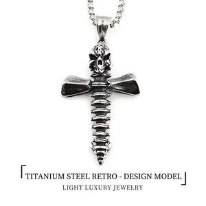 Stainless Steel Gothic Skull Cross Necklace For Men Retro Punk Hip Hop Spine Bone Pendant Necklace Streetwear Jewelry Gift