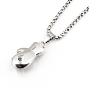 Vintage boxing glove pendant necklace in polished titanium steel with box chain