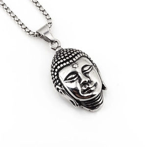 Vintage silver stainless steel Buddha head pendant necklace with box chain for men and women