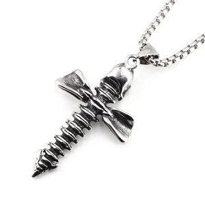 Gothic punk skull cross necklace made of vintage stainless steel with spine bone details