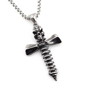 Punk style skull cross necklace with spine texture and square pearl chain for men