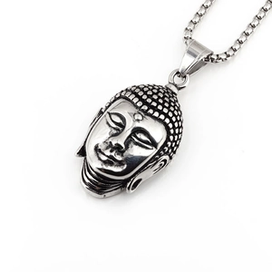 Vintage Shakyamuni Buddha head pendant necklace in oxidized stainless steel with box chain