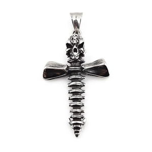 Gothic punk skull and spine cross pendant necklace in vintage silver steel finish