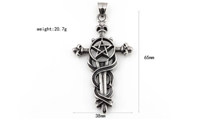 Detailed view of vintage steel cross pendant with star design and 65x38mm dimensions