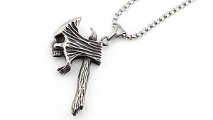 Close-up of titanium steel skull axe pendant featuring retro punk texture and ball chain
