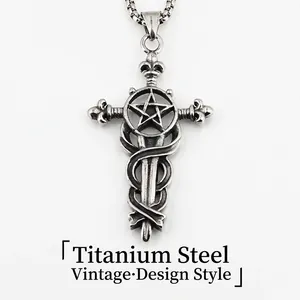 Vintage Gothic Pentagram Cross Sword Pendant Necklace For Men Stainless Steel Snake Wrap Cross Distressed Silver Hip Hop Punk Jewelry