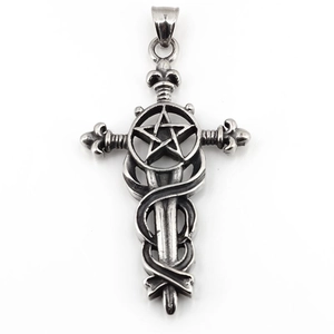 Gothic pentagram cross pendant necklace in vintage silver steel for men hip hop style