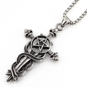 Retro stainless steel pentagram sword cross pendant with snake wrap on box chain