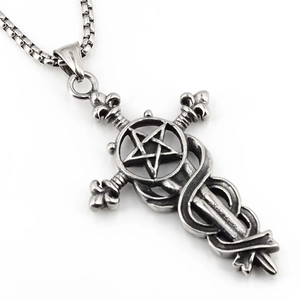 Gothic pentagram sword cross necklace in vintage stainless steel with box chain