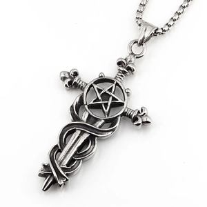Gothic stainless steel necklace featuring pentagram sword and snake pendant on pearl chain