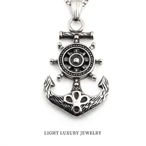 Vintage Pirate Helm Anchor Pendant Necklace For Men Titanium Steel Antique Silver Nautical Ship Wheel Jewelry